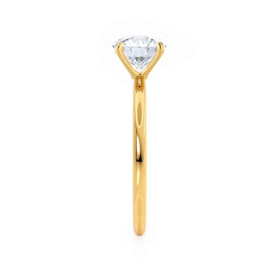Side profile showing petite 18k yellow gold band and oval diamond setting