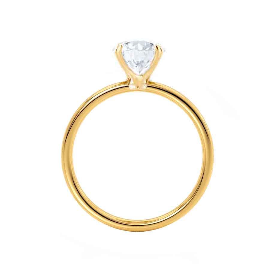 Top view of oval cut lab diamond solitaire ring in 18k yellow gold band