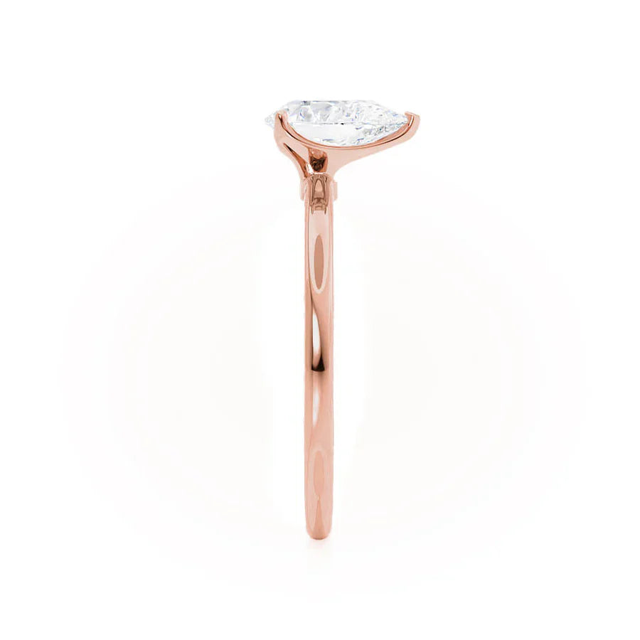 Top view of pear cut lab diamond solitaire engagement ring in 18k rose gold
