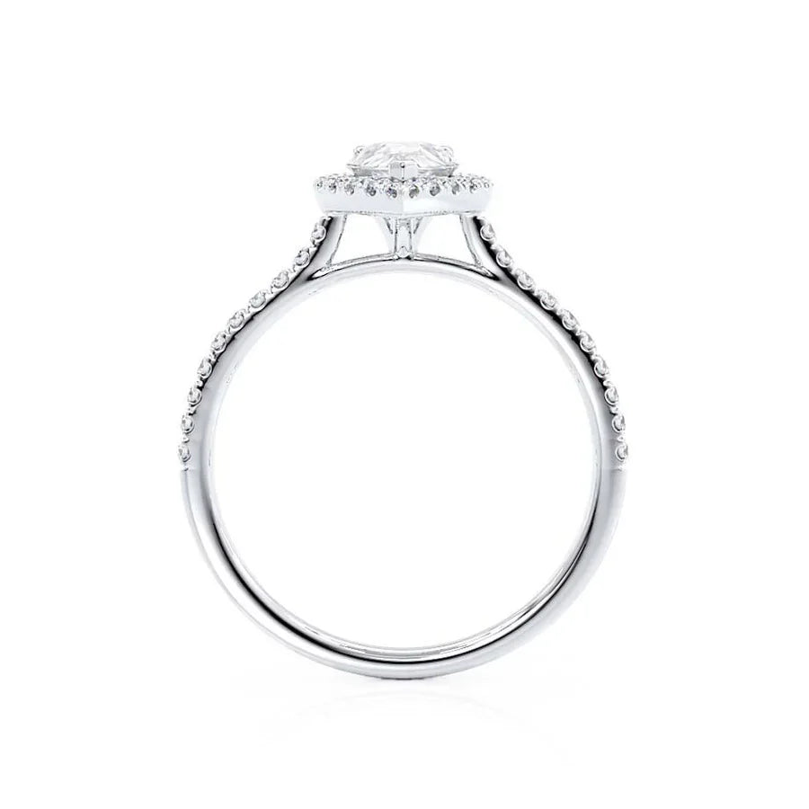 Profile view of pear-shaped lab diamond petite halo engagement ring in platinum