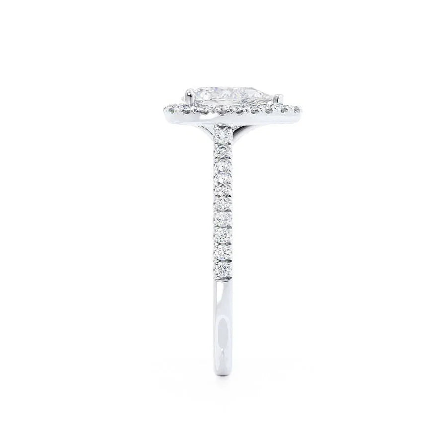 Side view of pear lab diamond halo engagement ring in platinum with pavé band