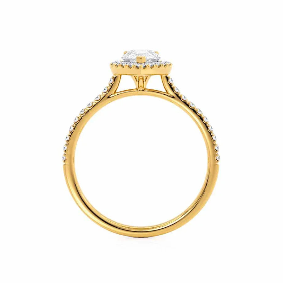 Side view of pear lab diamond halo engagement ring in 18k yellow gold with pavé band