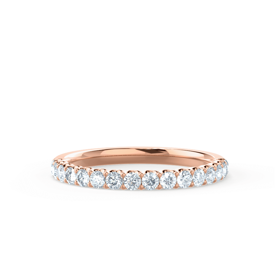 Classic rose gold half-eternity band with round brilliant diamonds, viewed from the front.