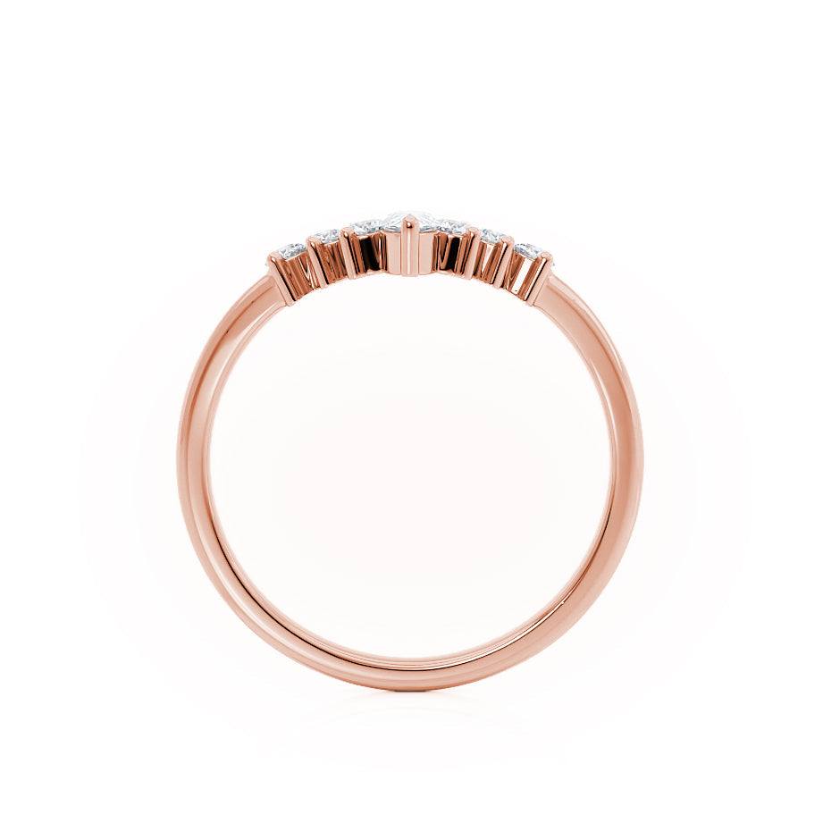 Rear view of rose gold band with tapered baguette diamonds in a modern style.