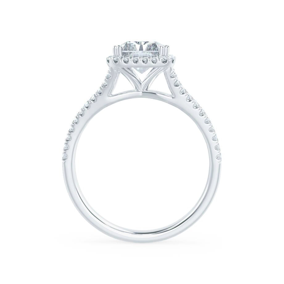 Angled view of radiant cut lab diamond halo engagement ring in 18k white gold