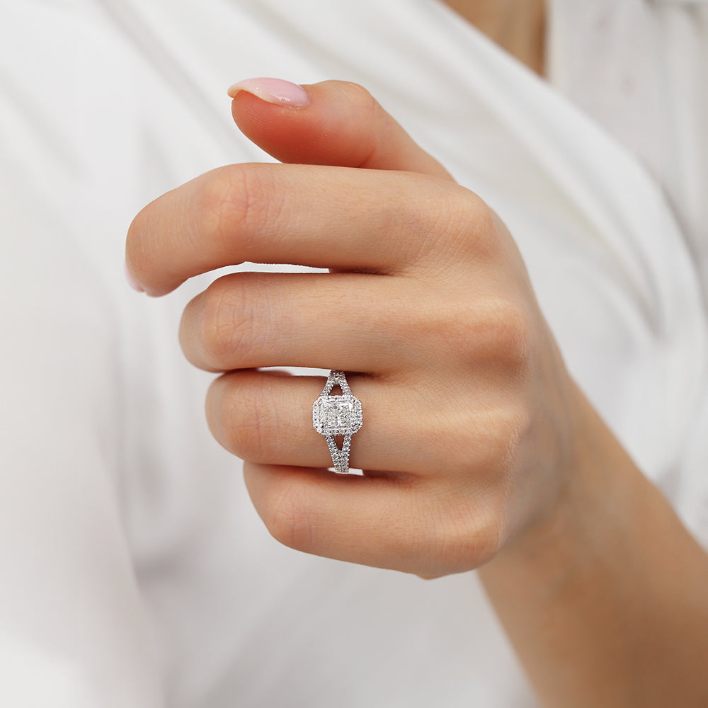 Radiant lab diamond split shank halo ring on hand, 18k white gold setting