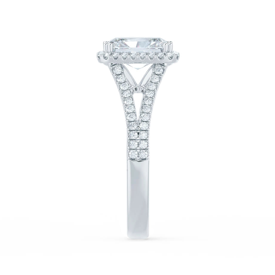 Profile view of radiant cut lab diamond split shank halo engagement ring in 18k white gold