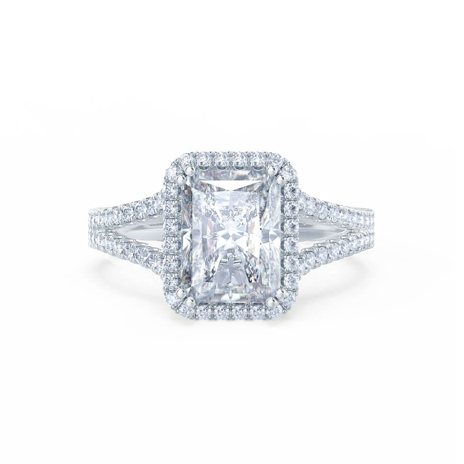 Top view of radiant cut lab diamond halo engagement ring with split shank band
