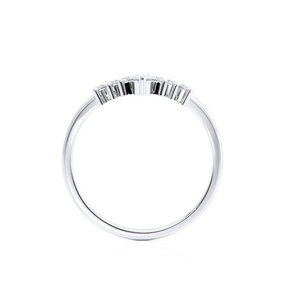 Top-down view of a white gold band with baguette-cut diamonds spaced in modern intervals.