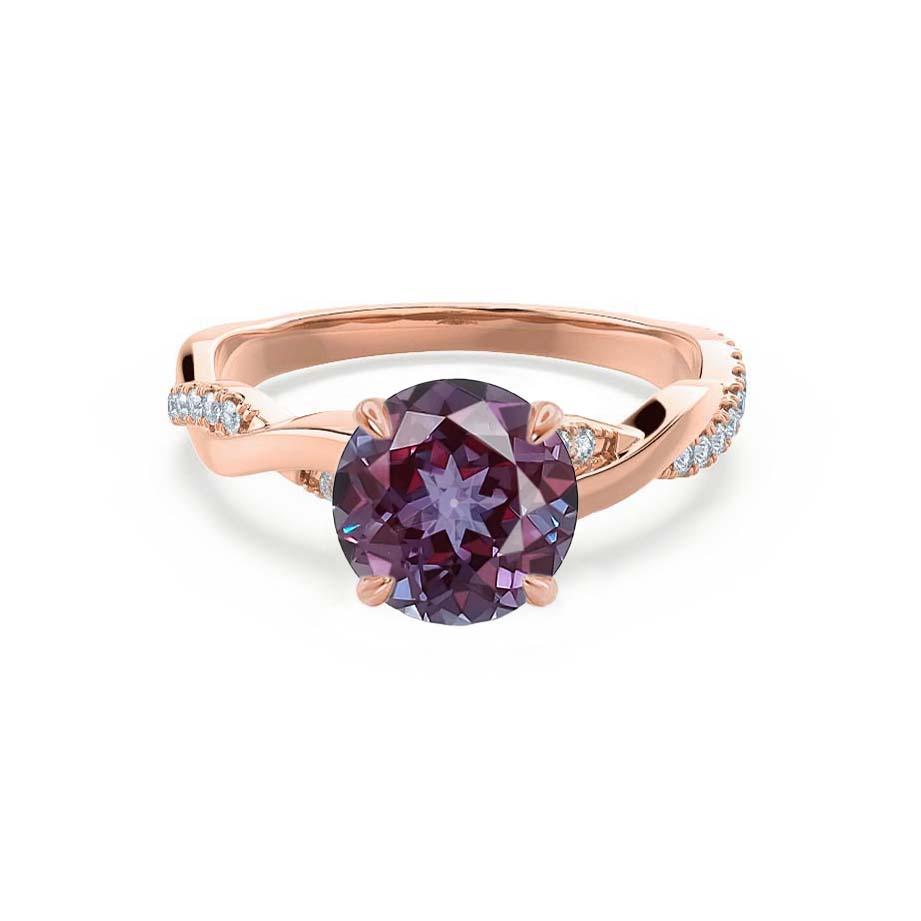Front view of the Wisteria ring in 18K rose gold, showcasing the round lab-grown Alexandrite with its signature color-change brilliance.