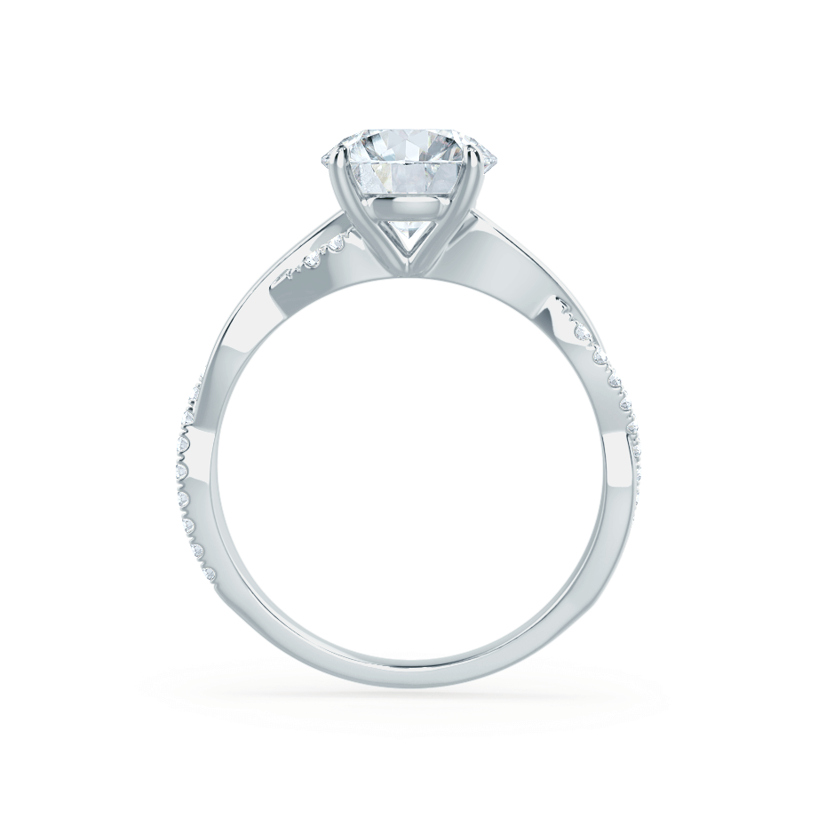 Top view of the Wisteria white gold ring featuring a round lab diamond and elegant vine detailing