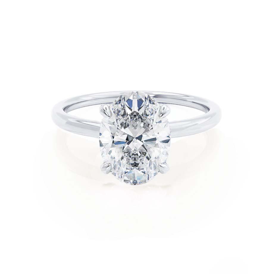 Front view of the lab-grown diamond solitaire engagement ring in 18k white gold.