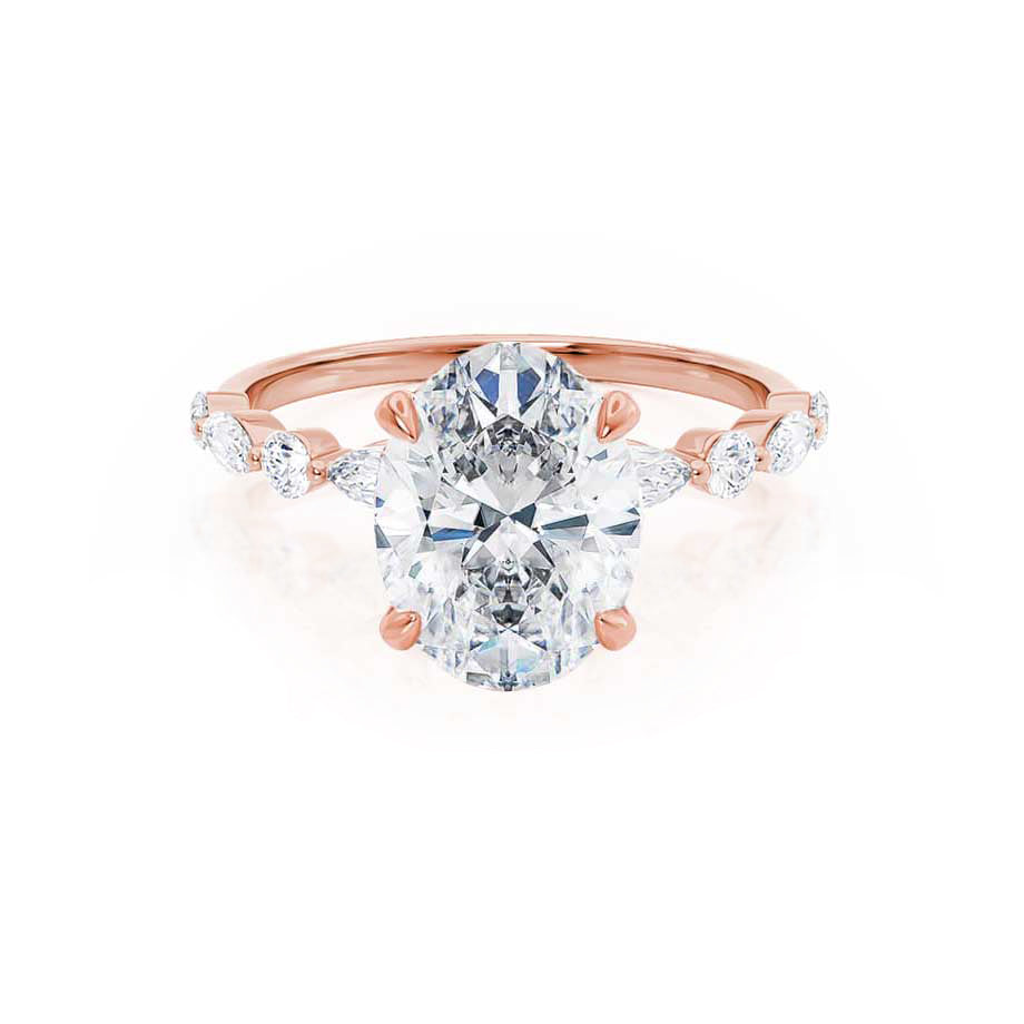 ASTER oval cut lab diamond 18k rose gold scatter engagement ring, front view with marquise and round diamond band