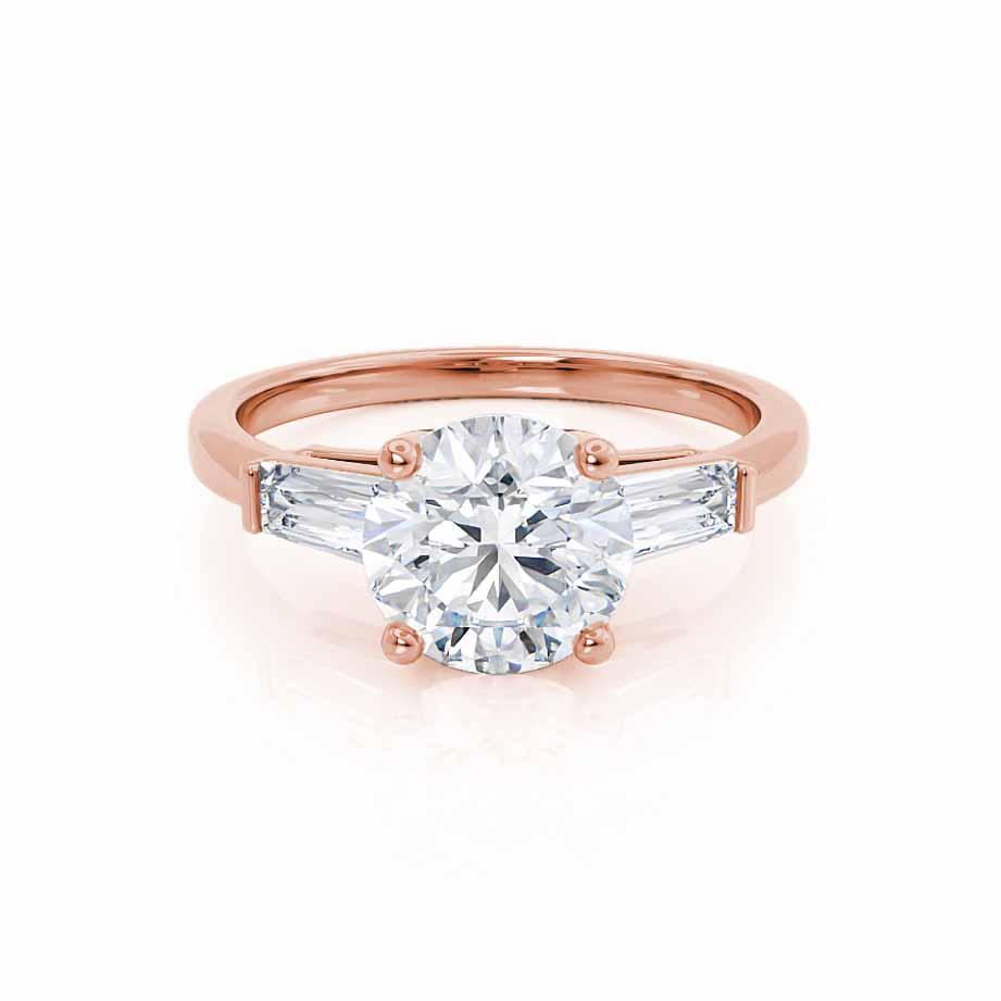 AZALEA round & baguette lab diamond 18k rose gold trilogy engagement ring, front view with brilliant cut centre and baguette side stones