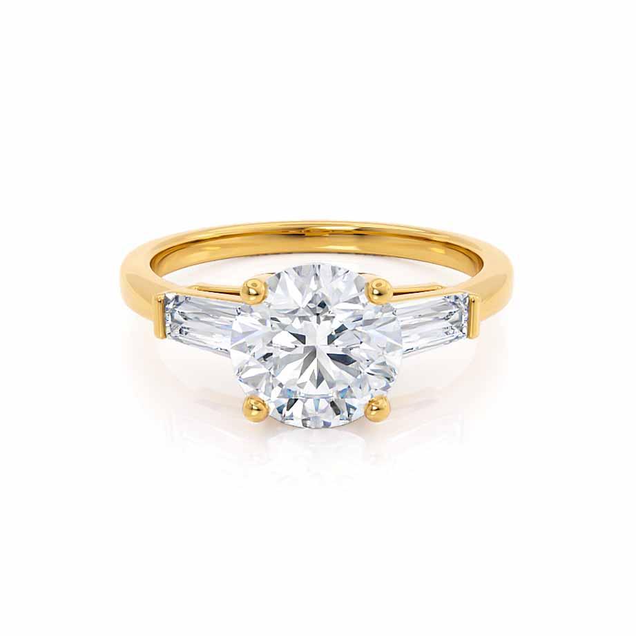 AZALEA round & baguette lab diamond 18k yellow gold trilogy engagement ring, front view with brilliant cut centre and baguette side stones