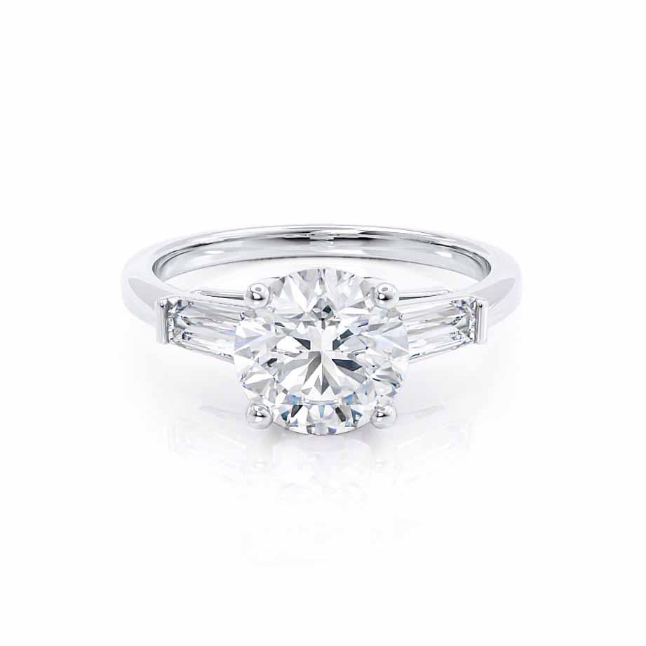AZALEA round & baguette lab diamond platinum trilogy engagement ring, front view with brilliant cut centre and baguette side stones
