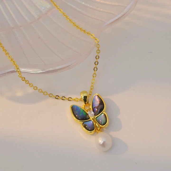 Abalone Butterfly 14K Gold Pearl Necklace