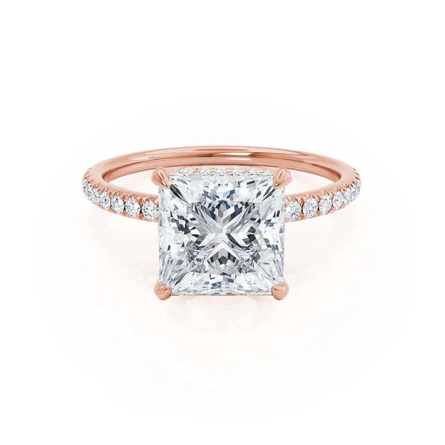 JASMINE 18k rose gold engagement ring featuring princess cut lab diamond, petite hidden halo and sparkling shoulders