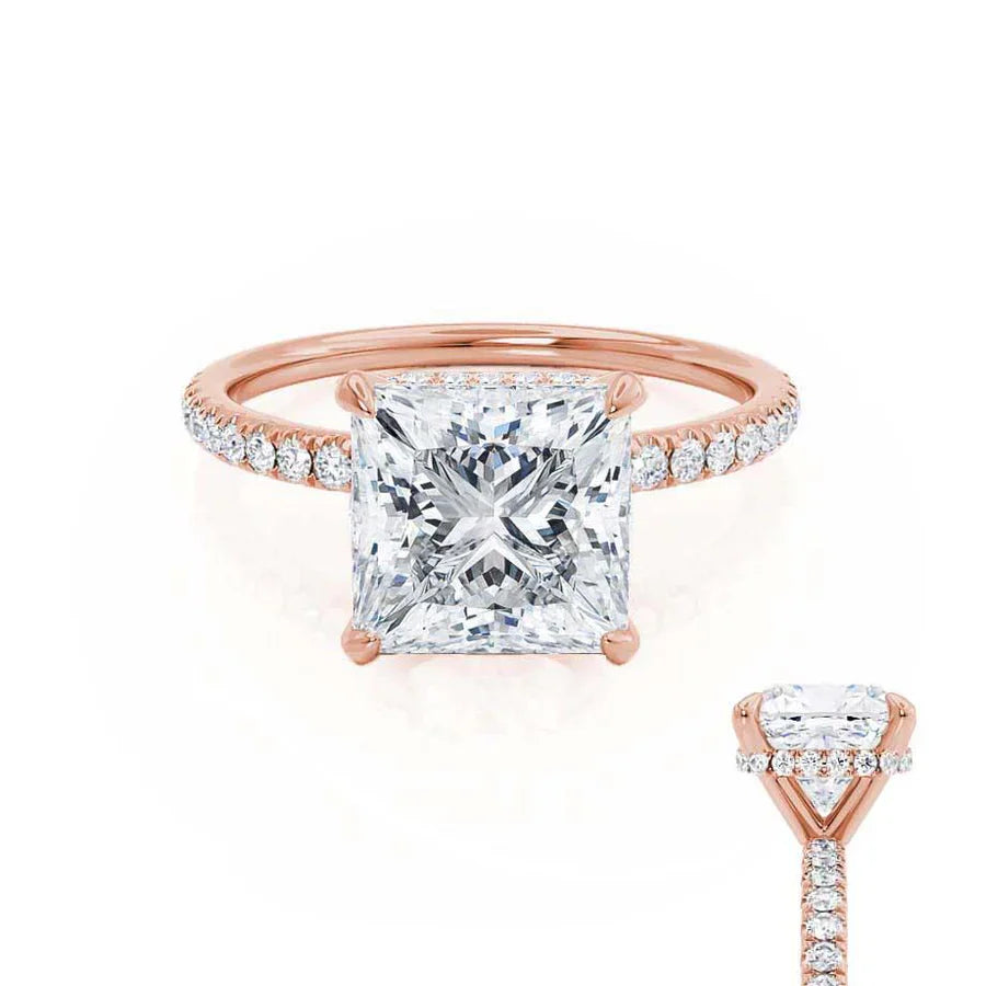 JASMINE princess cut lab diamond engagement ring in 18k rose gold with petite hidden halo, front view
