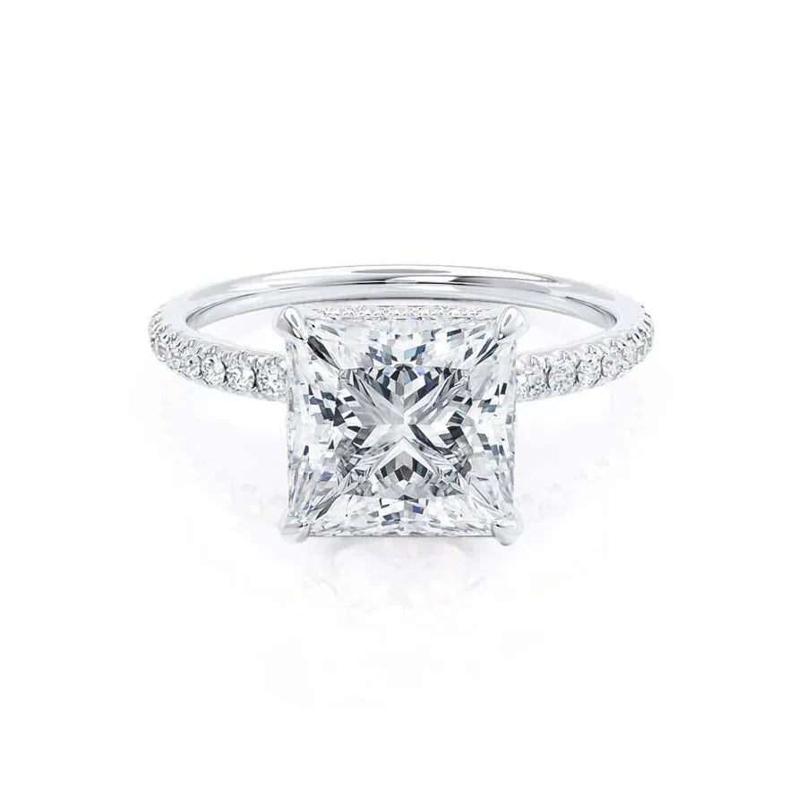 JASMINE 18k white gold engagement ring featuring princess cut lab diamond with petite hidden halo and sparkling shoulders