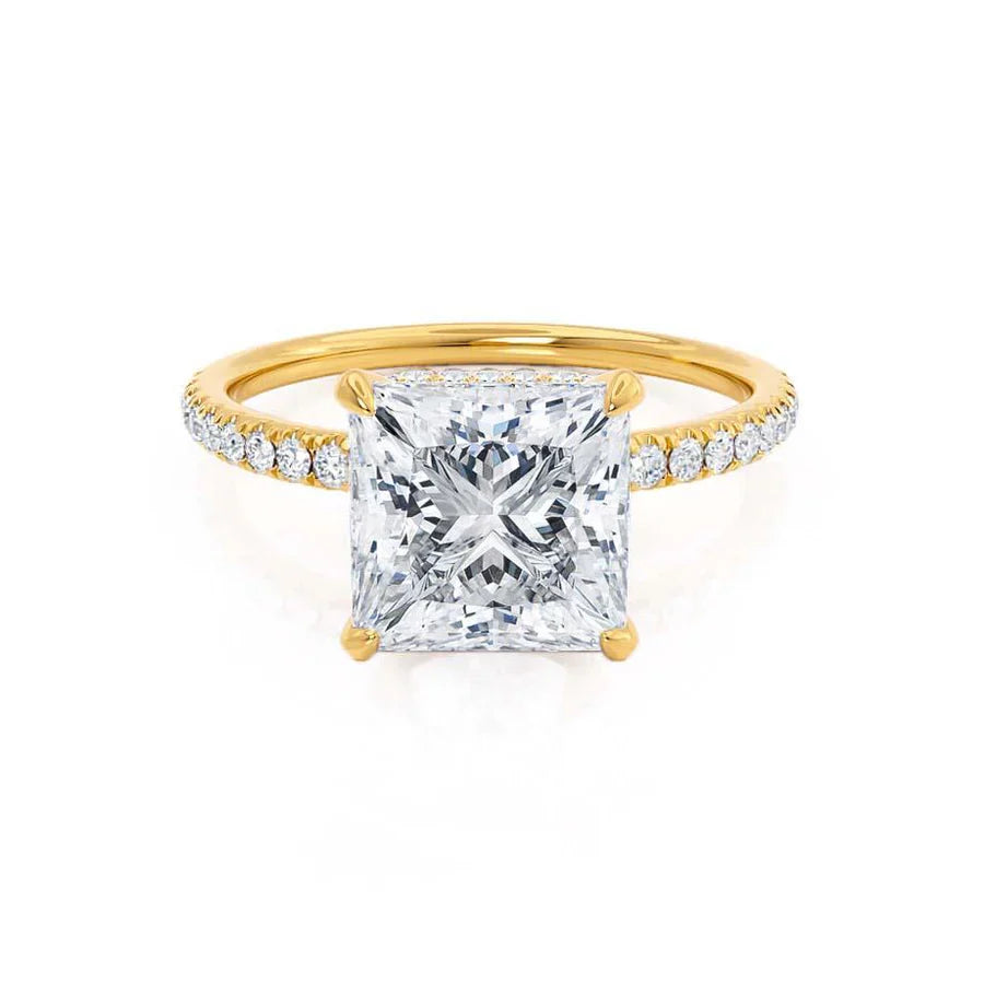 JASMINE 18k yellow gold engagement ring featuring princess cut lab diamond with petite hidden halo and sparkling shoulders