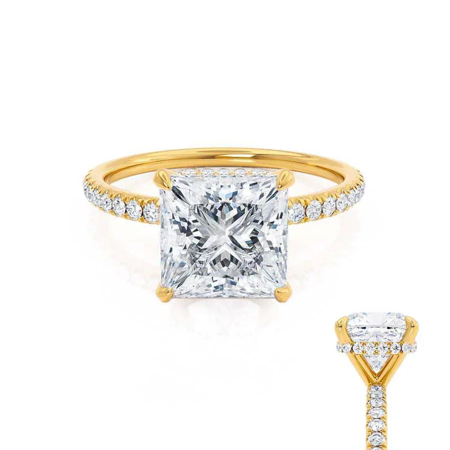 JASMINE princess cut lab diamond engagement ring in 18k yellow gold with petite hidden halo, front view