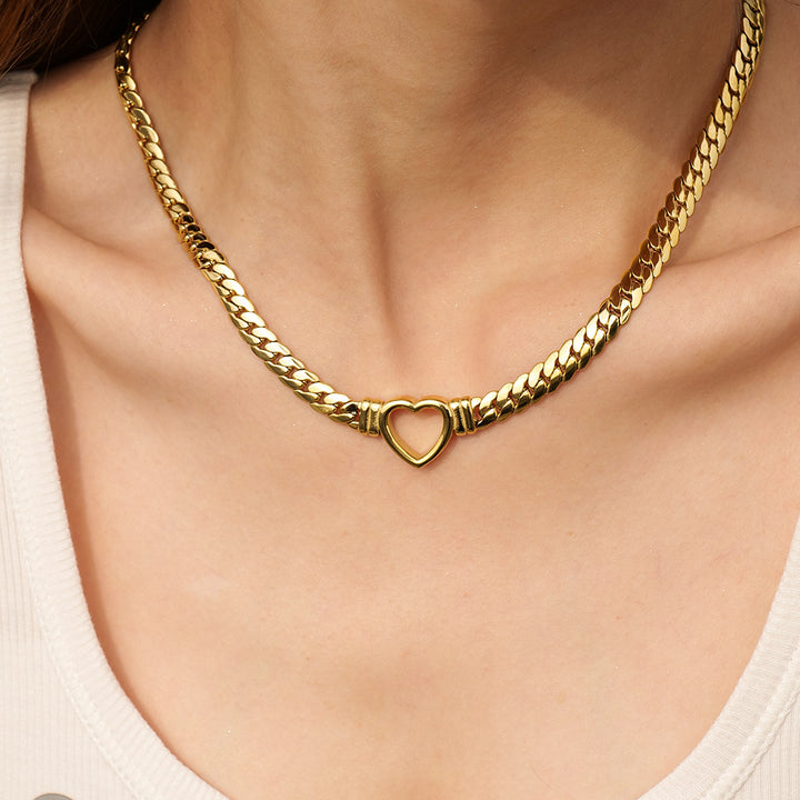 14K gold flat Cuban chain love necklace