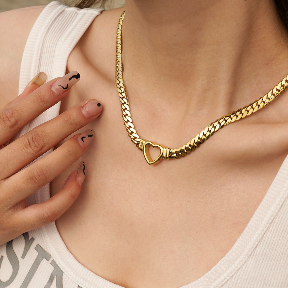 14K gold flat Cuban chain love necklace