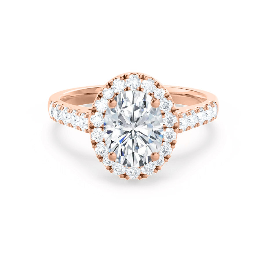 PEONY oval cut lab diamond 18k rose gold halo engagement ring, front view with pavé diamond shoulders