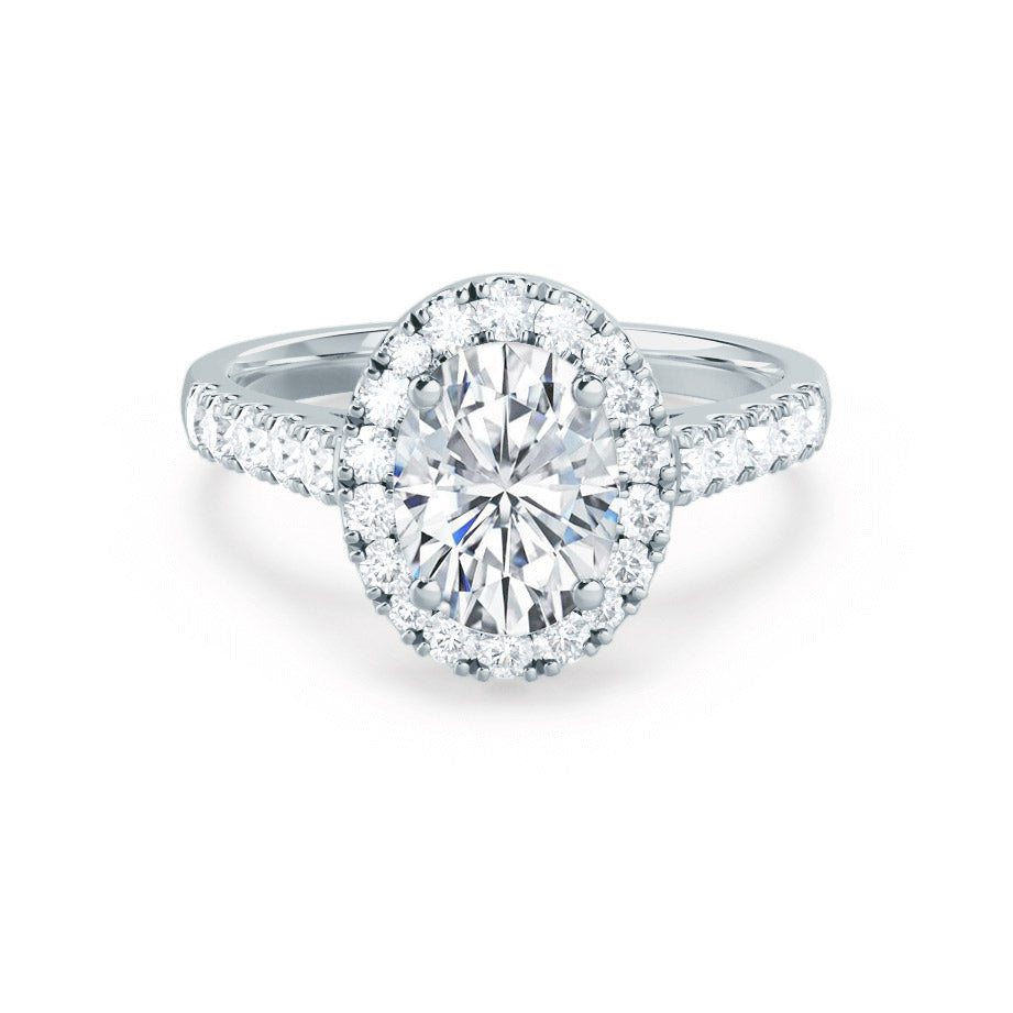 PEONY oval cut lab diamond 18k white gold halo engagement ring, front view with pavé diamond shoulders
