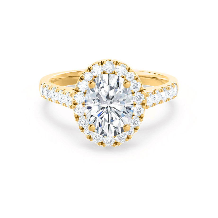 PEONY oval cut lab diamond 18k yellow gold halo engagement ring, front view with pavé diamond shoulders
