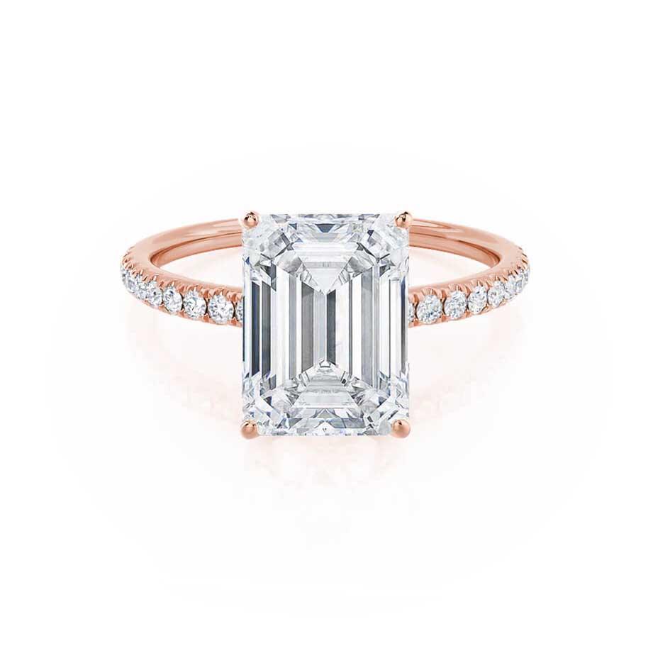 Solitaire emerald cut lab diamond engagement ring in 18k rose gold pavé band, front view