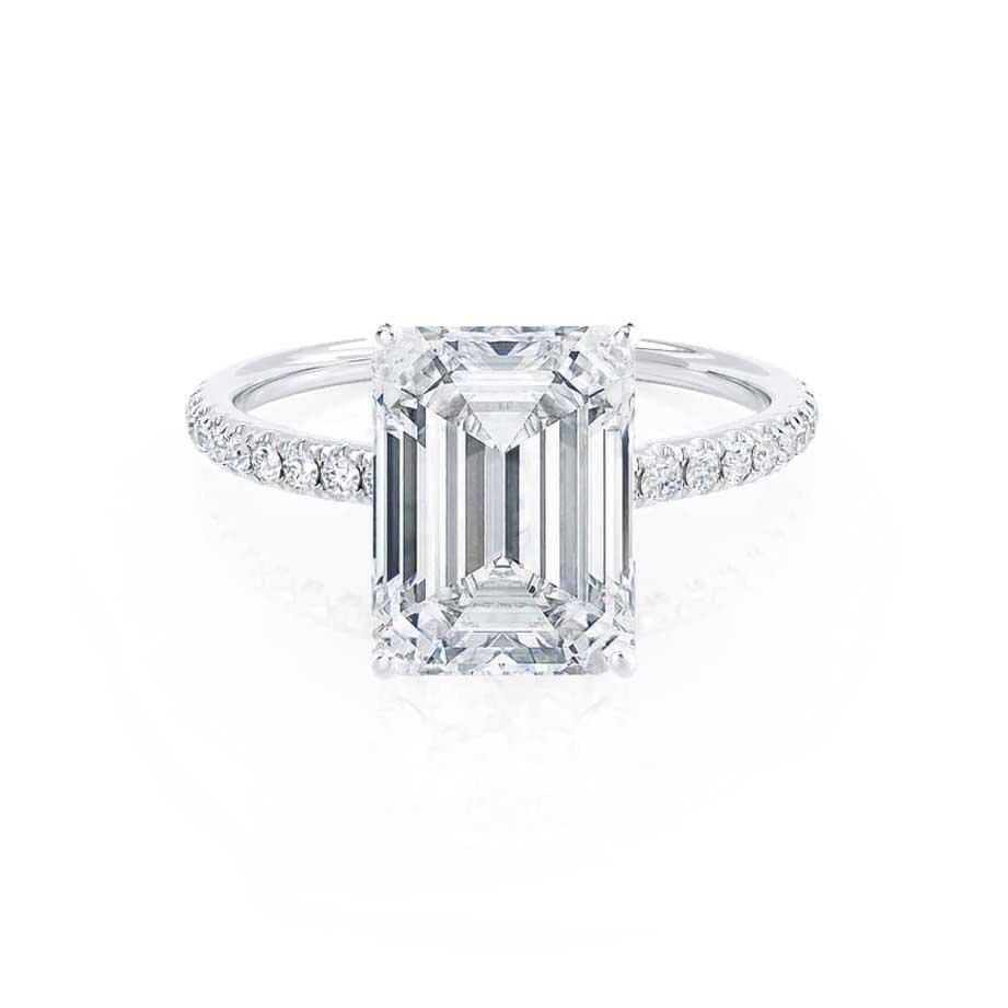 Solitaire emerald cut lab diamond engagement ring in 18k white gold pavé band, front view