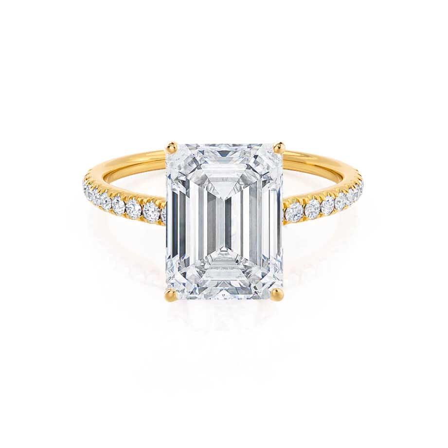Solitaire emerald cut lab diamond engagement ring in 18k yellow gold pavé band, front view