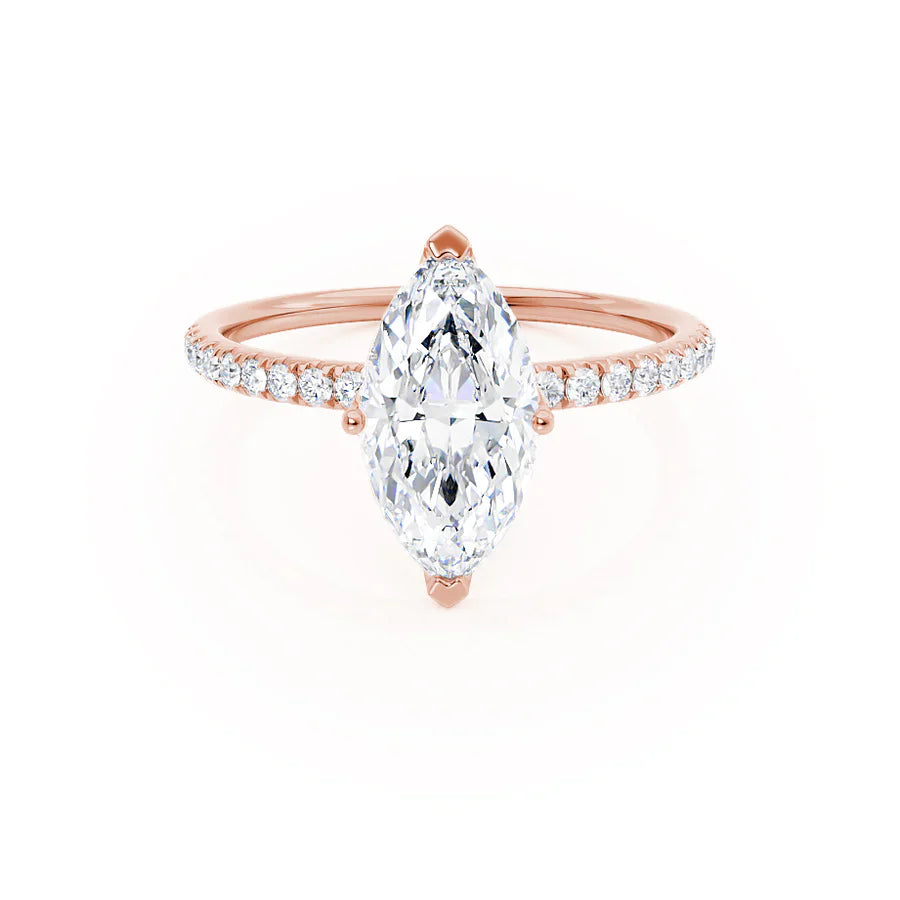 Marquise lab diamond petite solitaire engagement ring in 18k rose gold, front view