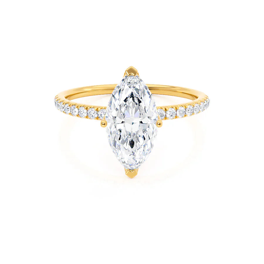 Marquise lab diamond petite solitaire engagement ring in 18k yellow gold, front view