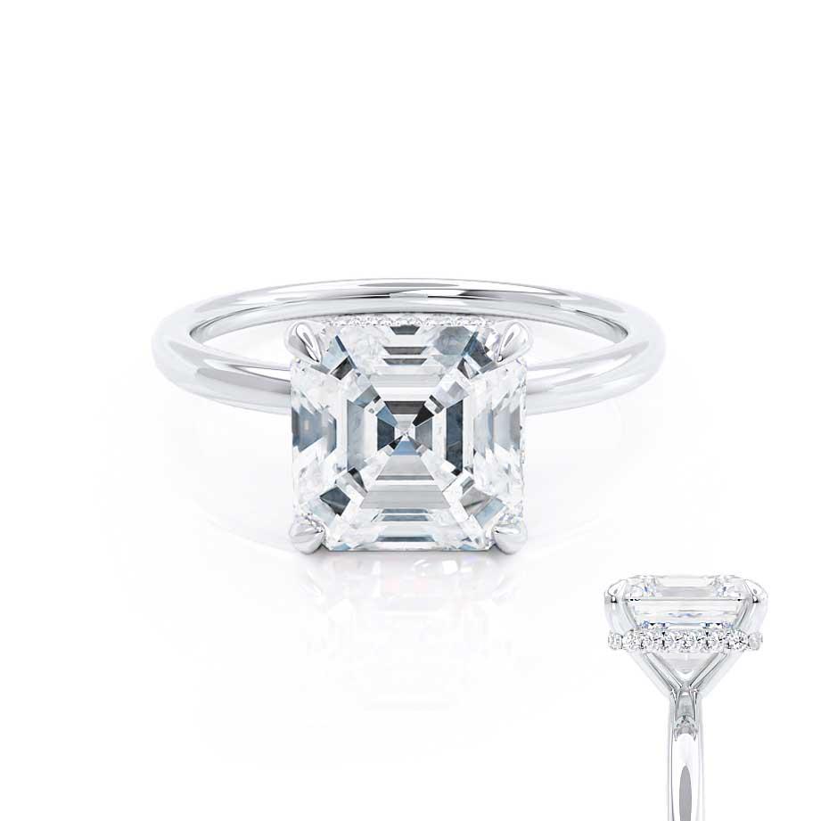Front view of the Camellia asscher cut lab diamond engagement ring in platinum with hidden halo design
