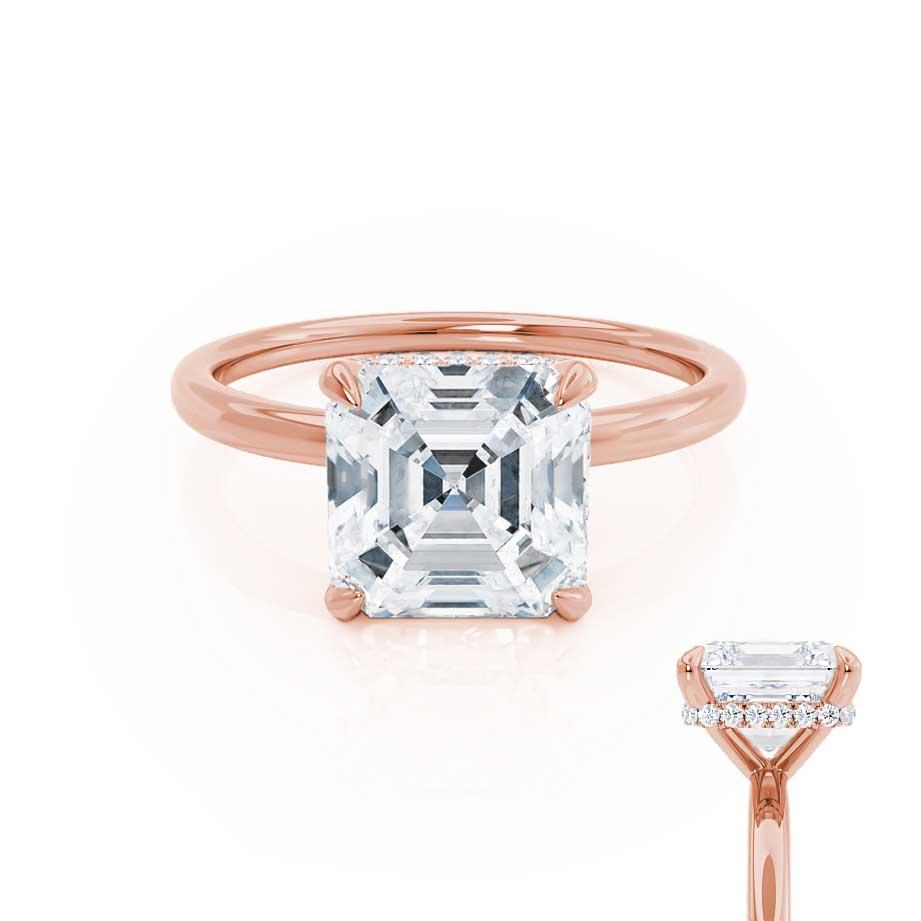 Front view of the Camellia asscher cut lab diamond ring in 18k rose gold with hidden halo