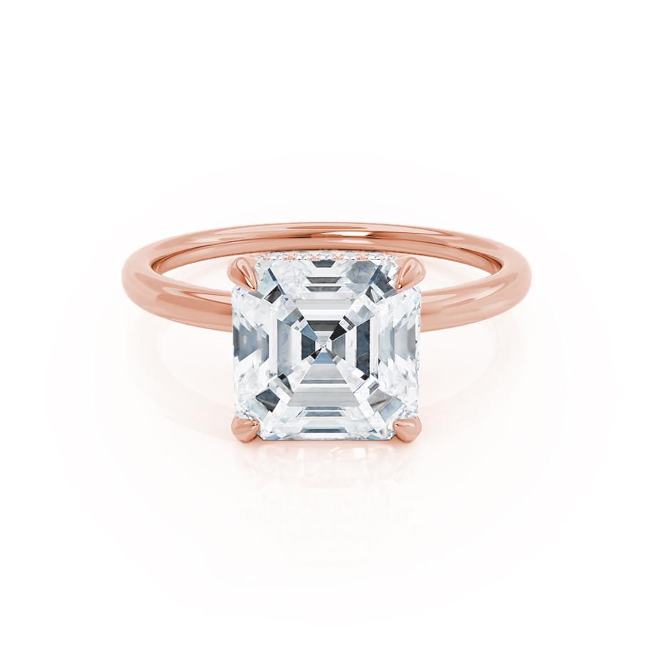 Top view of Camellia engagement ring featuring asscher cut diamond in rose gold