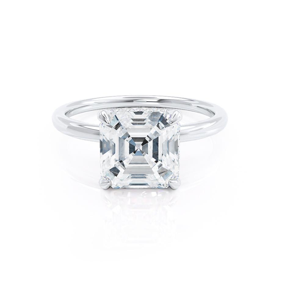 Angled view of Camellia white gold engagement ring with lab grown asscher diamond