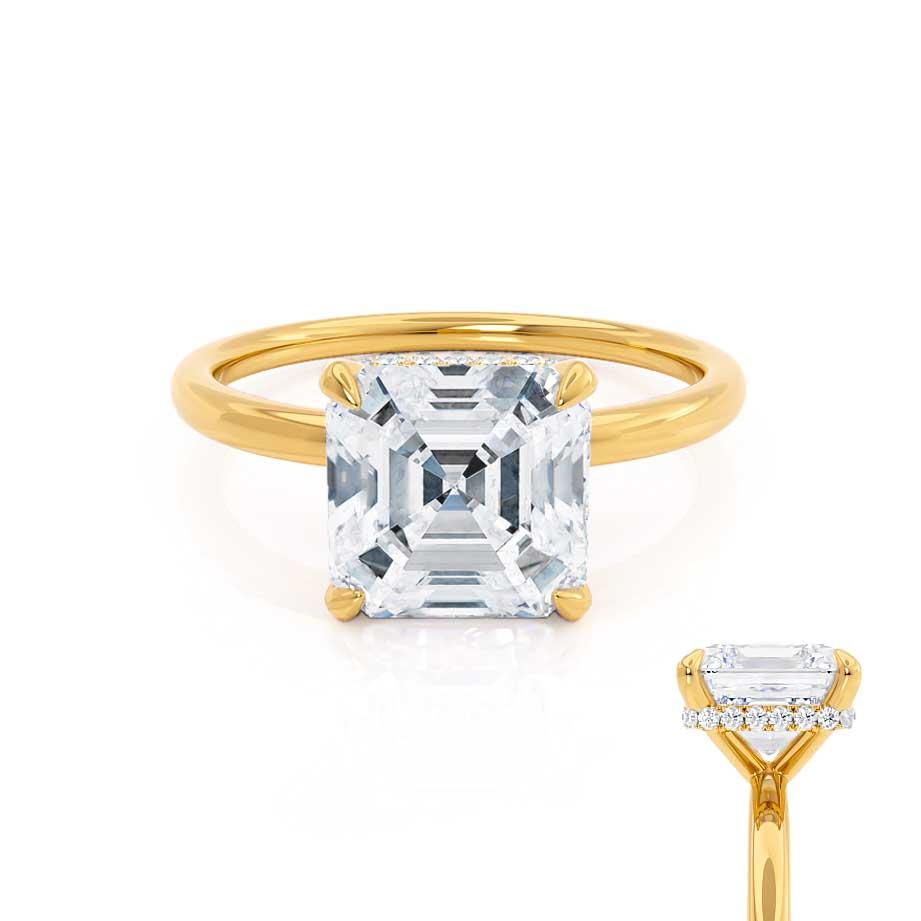 Front view of Camellia asscher cut lab diamond ring in 18k yellow gold with hidden halo