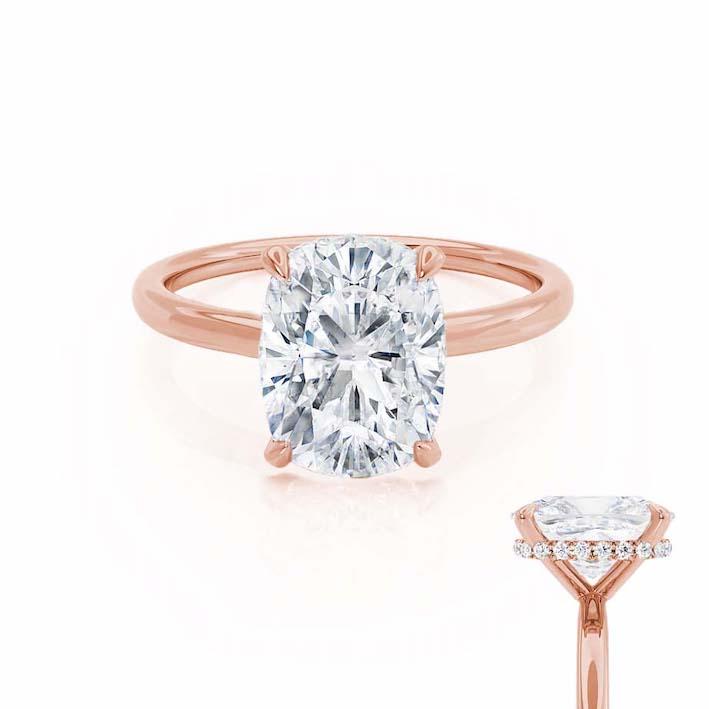 Front view showcasing the elongated cushion cut diamond set in a soft rose gold band.