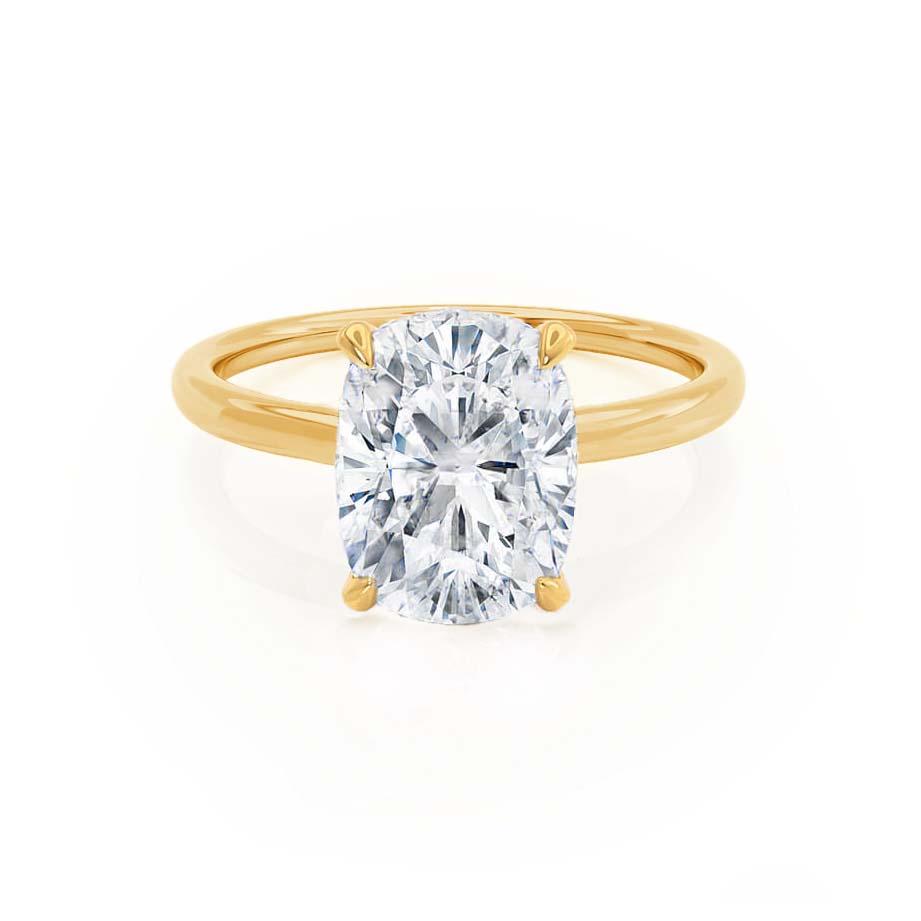 Detailed angle showcasing the hidden halo and radiant finish of the 18k yellow gold band.