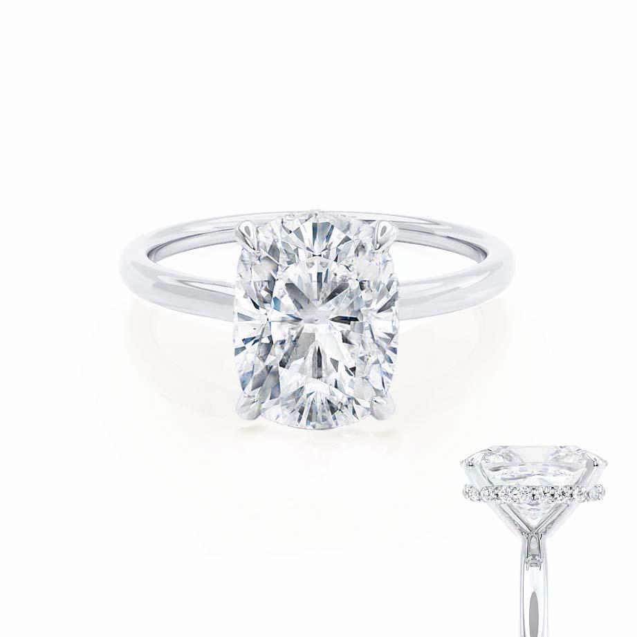 Front view showcasing the elongated cushion cut diamond with clean lines and minimalist platinum band.