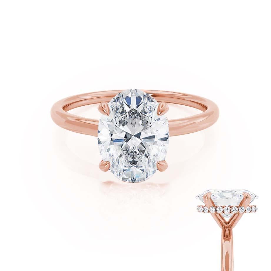 Front view of the Camellia oval-cut natural diamond solitaire ring in 18k rose gold, highlighting the brilliant centre stone and classic elegance.