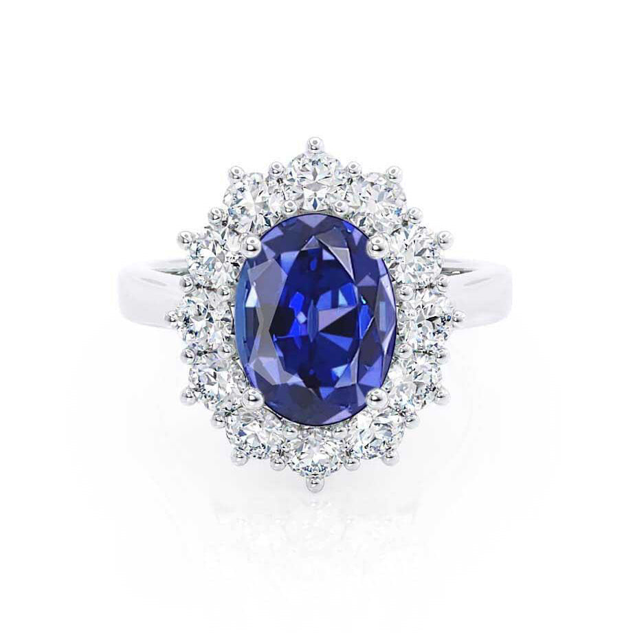 Front view – Captures the regal beauty of the oval-cut blue sapphire surrounded by a brilliant lab-diamond halo in platinum.