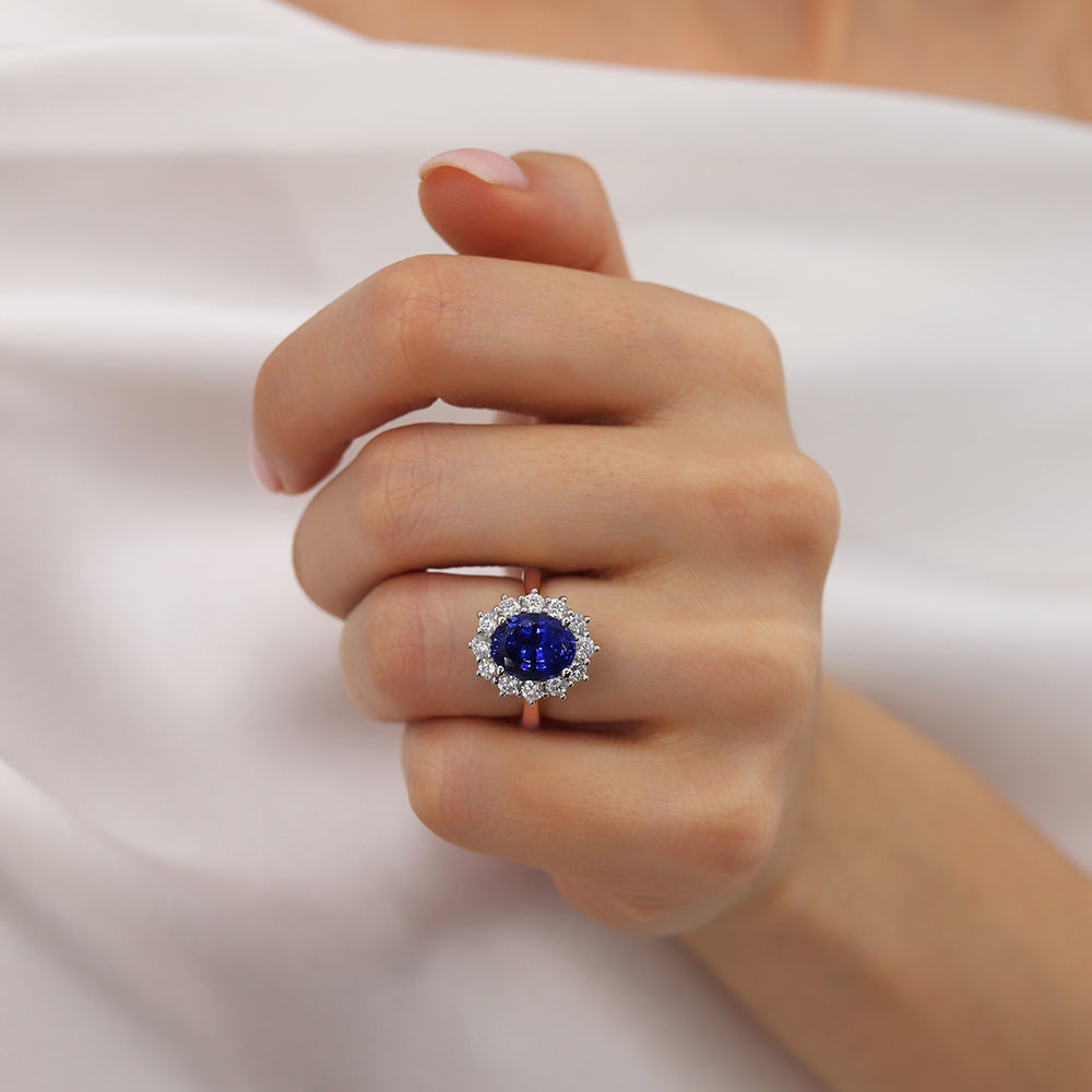 Model hand view 1 – Captures the elegance of the Cornflower Ring on hand, emphasizing its timeless sophistication.