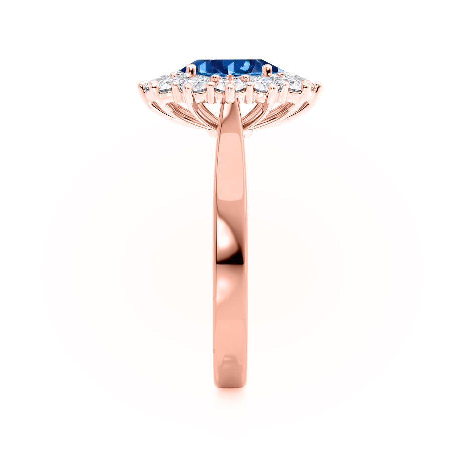 Side view – Features the elevated halo and open basket setting in 18k rose gold, highlighting expert craftsmanship.