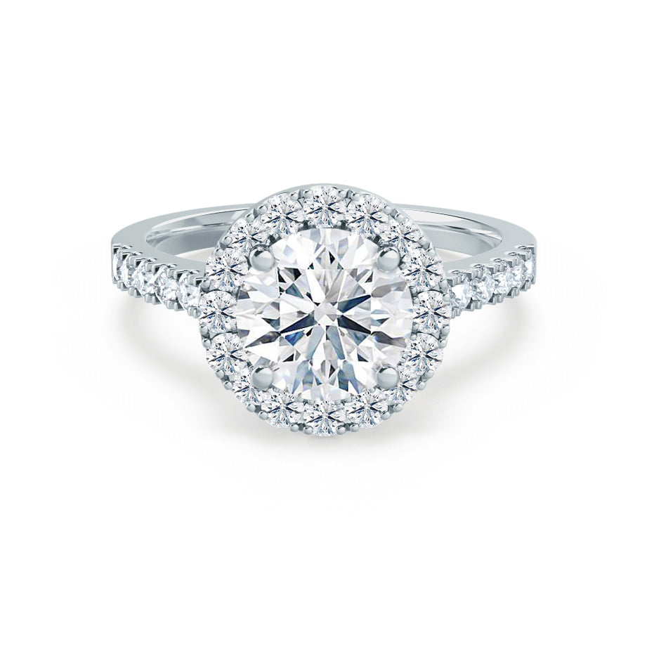 Front view of Daisy round lab grown diamond ring with platinum halo and pavé band