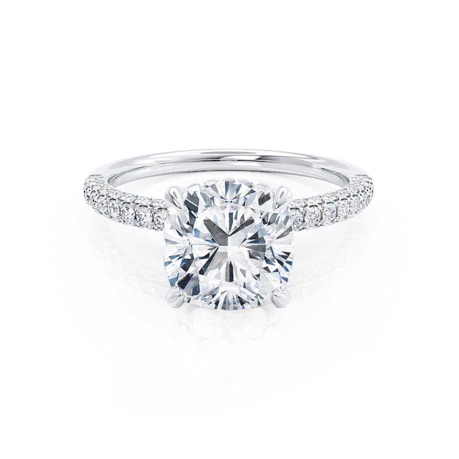 Cushion cut lab diamond hidden halo engagement ring in platinum, angled view